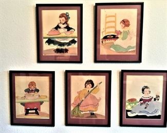Set of Five Prints by Fern Bisel Peat 12 x 14 Circa 1934 1-Girl Icing Cake, 2-Girl Polishing Furnture, 3-Girl Washing Dishes, 4-Girl Sweeping, 5-Girl Darning Sox