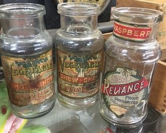Early Paper Label Chow Chow Jars and Reliance Fruit Preserves Jar