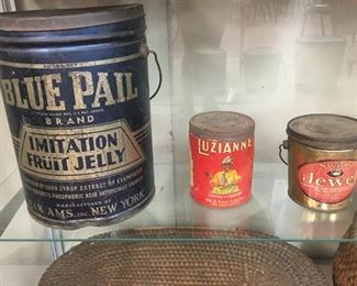 Old Blue Pail Fruit Jelly Can, Luzianne Coffe Can and Jewel Lard Can