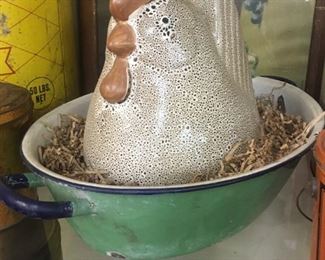 Pottery Chicken in Antique Pan
