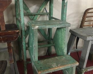Old Primitive Green Paint Kitchen Step Stool