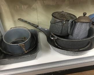 Graniteware Pots,Pan, Coffee Pot and Berry Bucket