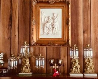 Early candelabra trio and framed marble plaque