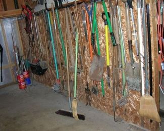Lawn and garden tools: shovels, rakes, spades, pitchforks, hoes