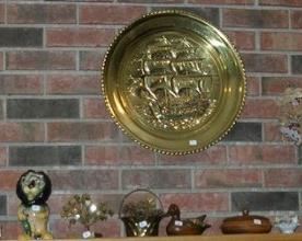 Brass plate decorations, Harris Bank lion bank (also a plush one not shown).