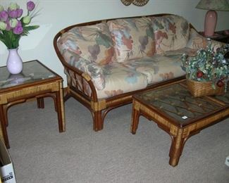Rattan sofa, end table pair, coffee table