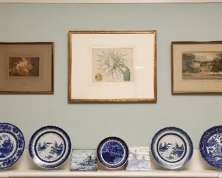 Collection of antique blue plates and original art.