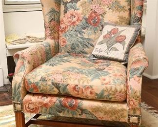 Very pretty wing chair with needlepoint pillow.
