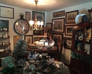 Looking into the Dining room, great china, ironstone, transfer ware, silver plate and art