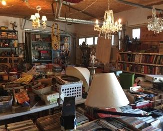 Some of the chandeliers in the garage, DVD,CD, vintage vinyl, toys, collectables