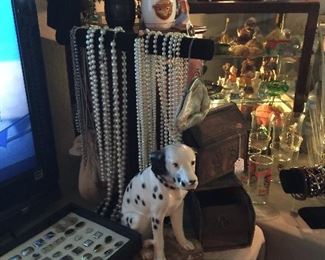 Faux pearls, beads, chalk dog, vintage cuff links