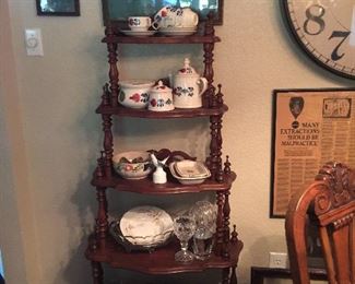 Mahogany display piece, china from Belgium, glass and vintage art work