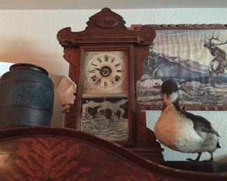 Wonderful oak Seth Thomas clock, Vintage art, taxidermy bird, vase