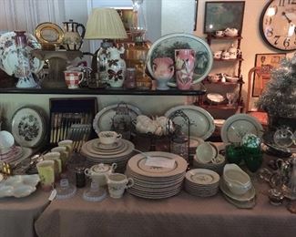 Wonderful set of china by Old Ivory, Syracuse "Coralbel" there are 75 pieces. Victorian Pickle Castors, vintage luncheon set, Bristol glass vases, Hull, Japan pottery