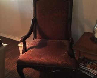 Wood arm chair with leather trim and great upholstery