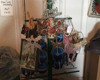 Wood Christmas tree, vintage ornaments