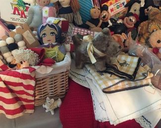 Vintage Scottie Dog linens and toys, Mickey mouse, dolls