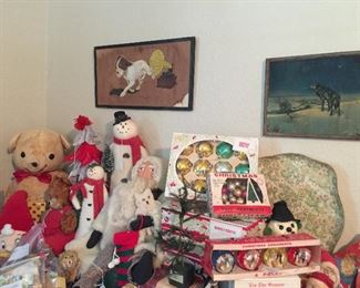 Snowmen, Santa, Shiny Brite ornaments, vintage ornaments, vintage prints