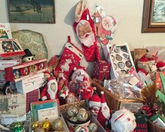 Vintage Christmas stockings, ornaments, and lots of decorations