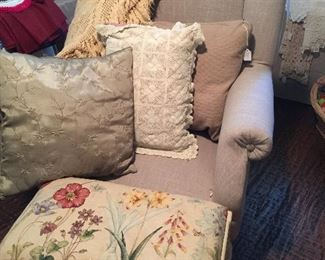 Linen covered arm chair, painted foot stool with removable cushion so you can change fabric, vintage cushions