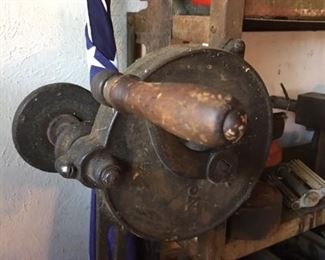 Old hand crank bench grinder