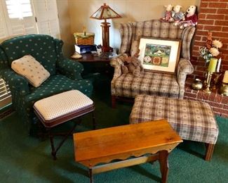 Clean, chairs, ottoman, bench, side table. Great for up north!