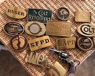 Colt revolver, police brass belt buckles