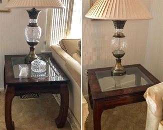 Matching glass side tables, matching glass and brass lamps