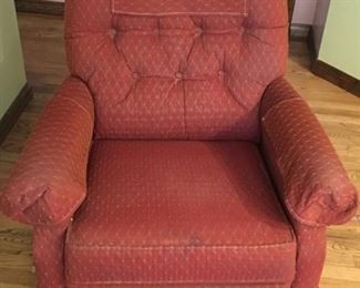 Burgandy swivel rocker/recliner.  Fair condition with normal wear.  Arm and head covers are washable.  39"h x 31 1/2"w x 18 1/2" deep.  $30