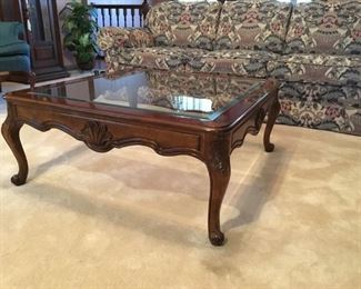 Gorgeous cherry wood and beveled glass coffee table!  Excellent condition!  37 1/2" square and 16" high.  $250