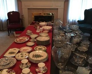 Spode Christmas plates, Noritake china set, beautiful crystal goblets, vases, bowls, milk glass, china cups and plates from England, Depression glass, and much more!
