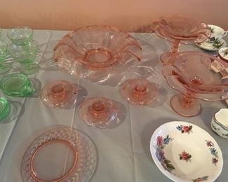 Paden City Peacock & Wild Rose Cheriglo Pink Depression Glass  Beautiful condition!!                            
* Large Console Bowl   $225                                                               * 3 Candlestick Holders  $100 Each                                                  * 2 Compote Pedestal Dishes  $175 Each