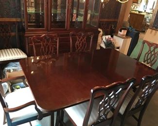                        DOUBLE PEDESTAL TABLE &                 
MATCHING HUTCH/BUFFET             $1800                                                   Excellent condition.  64"L x 44" W x 29" H.  Scotchgard Wood Protector on table top. 
DOUBLE PEDESTAL TABLE w/ TWO 16" LEAVES 
extend table to 100" L.                          
TWO CHIPPENDALE ARM CHAIRS                                                   
Seat fabric #540 Vanilla, protected by Scotchgard                                      SIX CHIPPENDALE SIDE CHAIRS                                                      
Seat fabric #540 Vanilla, protected by Scotchgard       HUTCH                                                                                                          
Two thick glass shelves behind four beveled glass 
doors, beveled curio ends, mirrored back, three lights 
with rheostat.  72"W x 17"D x 55"H                 