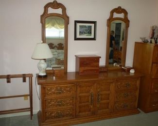 Drexel 9 drawer dresser with two mirrors,	76"W x 20" D x 32"H

