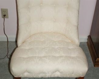 Vintage white cushioned (low seat) chair, 23"W x 27"D x 31"H
