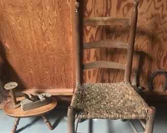 Antique ladder back, Antique stool, spoil, & tool