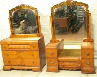 Art Deco Waterfall Dresser and Vanity with Yellow Etched Mirrors