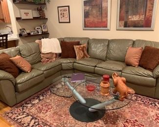 beautiful upgraded leather sectional, custom modern coffee table