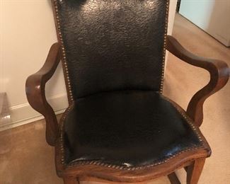 Antique Carved Oak Leather Rocking Chair