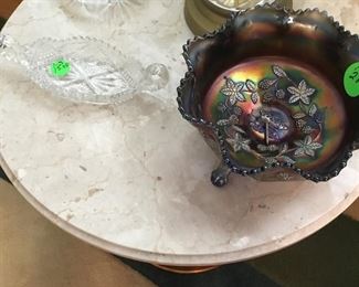 A beautiful carnival glass bowl.
