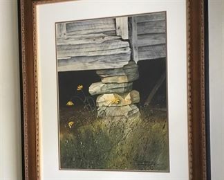 Beautiful water color art of old barn and flowers, signed.