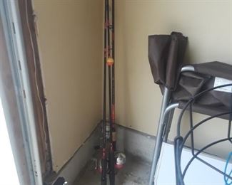 Fishing poles, some tackle 