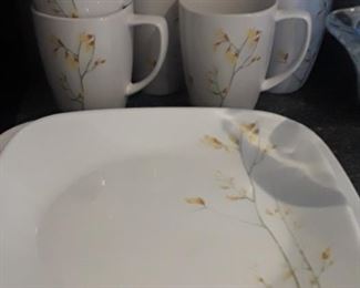 Corelle 8 plates (4 luncheon & 4 dinner plates), 11 mugs.  "Kobe" pattern. 