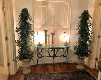 Foyer table, potted ivy topiaries