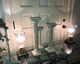 Pedestals. Antique fluted glass lamps.