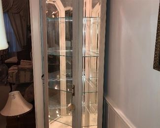 Beveled glass casket style curio cabinet. White pickled wood finish.
