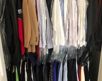 Men’s dress shirts and suit jackets, slacks. Casual shirts, golf shirts. Med. and large.