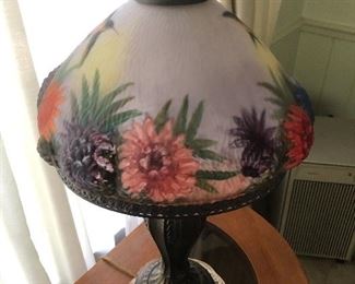 Pressed frosted glass shade, reverse hand painted
