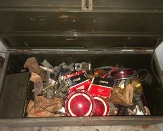 Metal tool chest full of lights and covers, misc