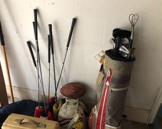 Golf clubs, bowling balls, misc sports items